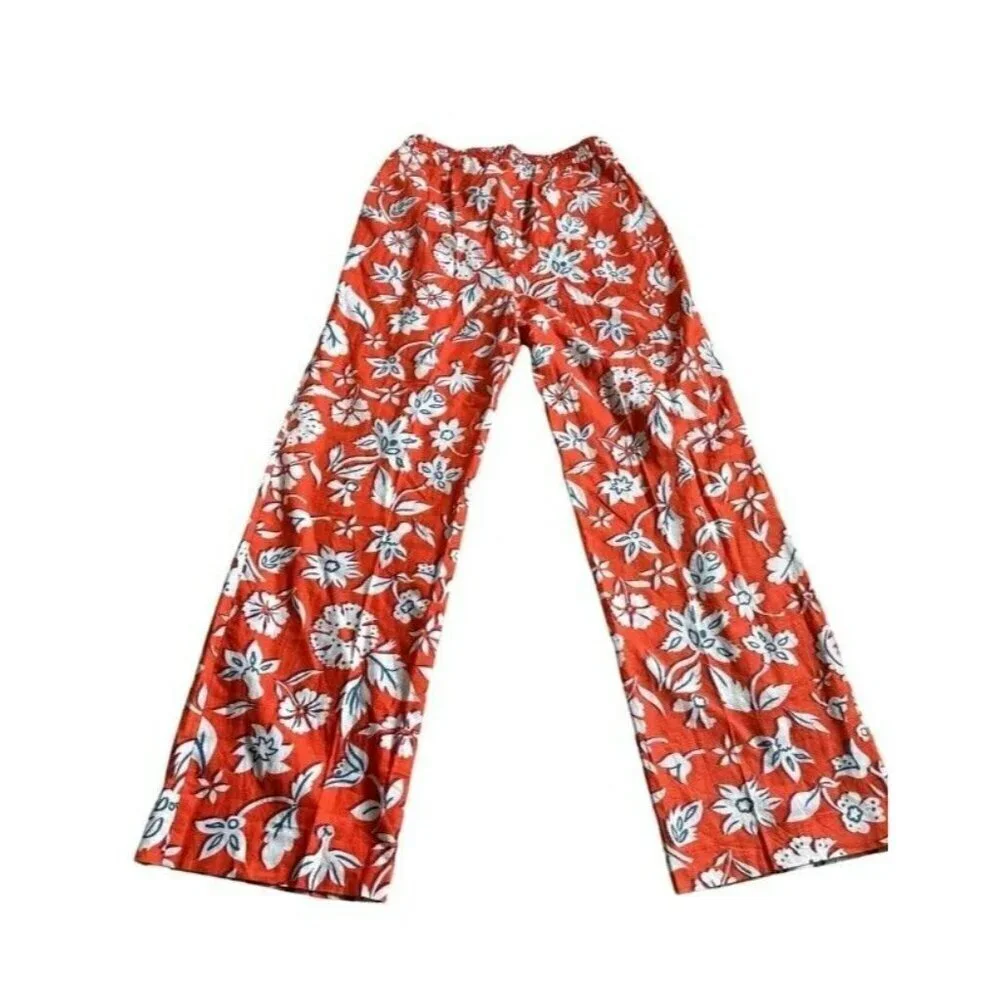 ZARA Orange Red Floral Linen Blend Casual Pull On Trouser Pants Size XS 3203 789